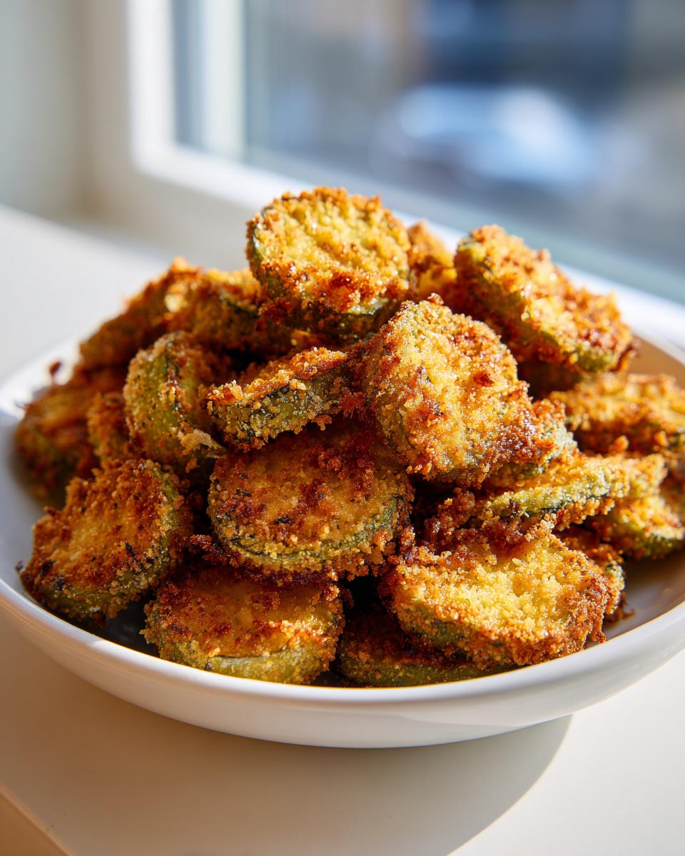 A large pile of crispy, golden brown Fried Pickles served in a white bowl near a bright window.