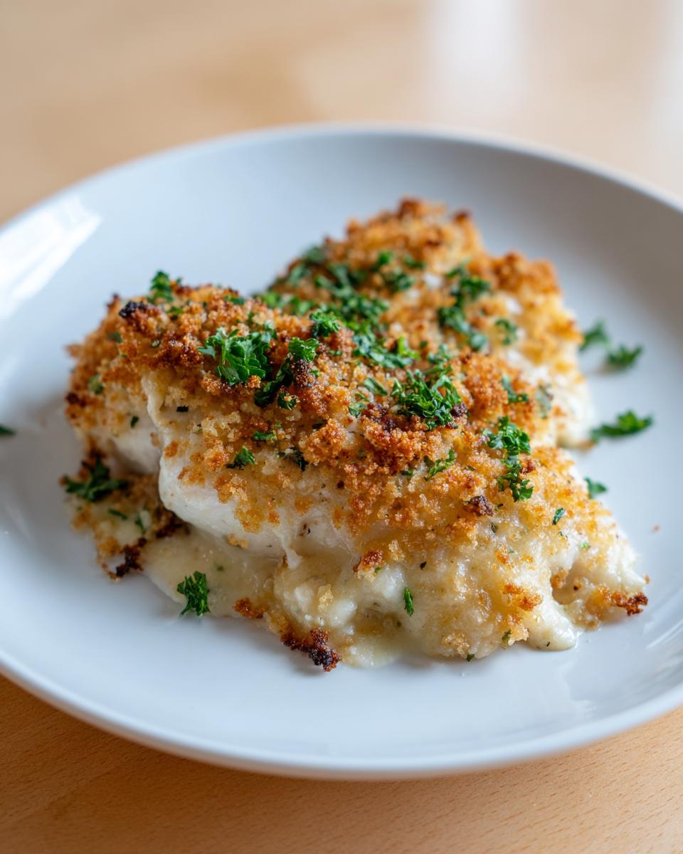 Two pieces of baked Garlic parmesan chicken bake with a golden, crispy breadcrumb topping and fresh parsley.