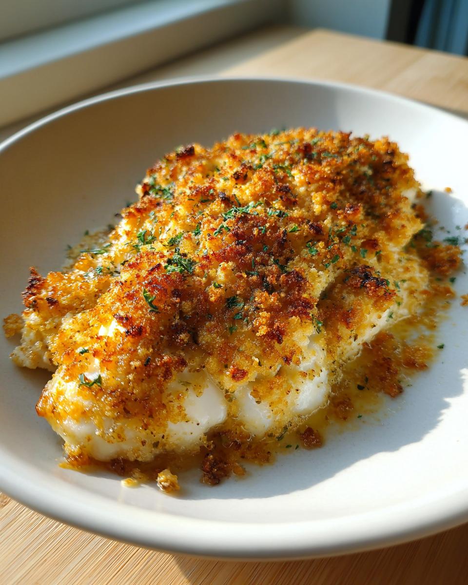 Close-up of a perfectly baked Garlic parmesan chicken bake with a crispy, golden brown topping.