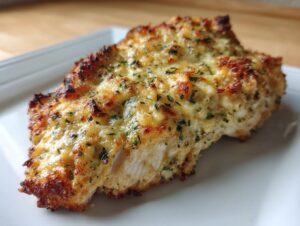 A close-up of a perfectly baked chicken breast topped with melted, golden-brown garlic parmesan crust.