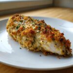 A perfectly cooked piece of Garlic parmesan chicken bake with a golden, crispy crust and visible white meat inside.