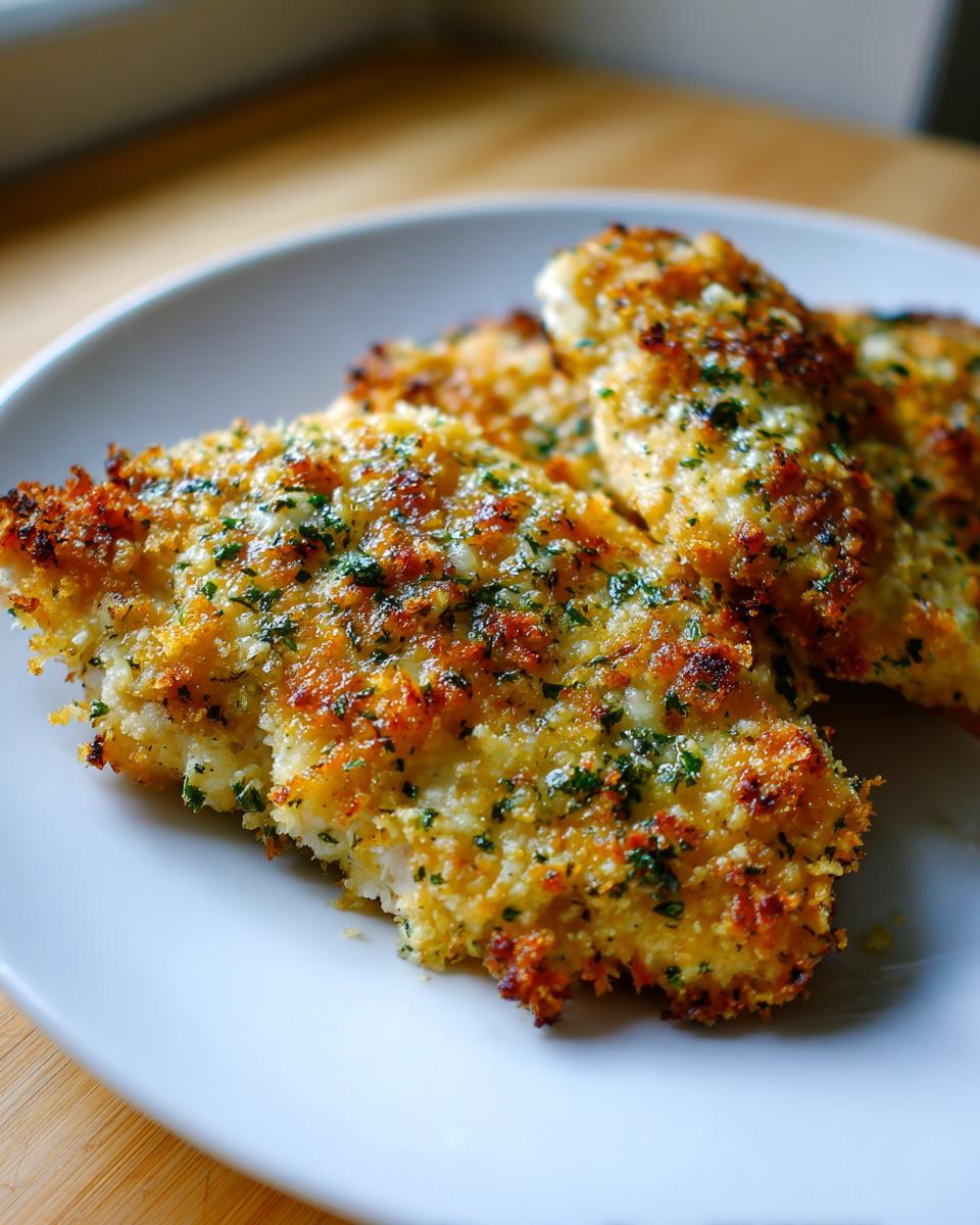 Close-up of golden, crispy Garlic parmesan chicken bake pieces topped with herbs on a white plate.