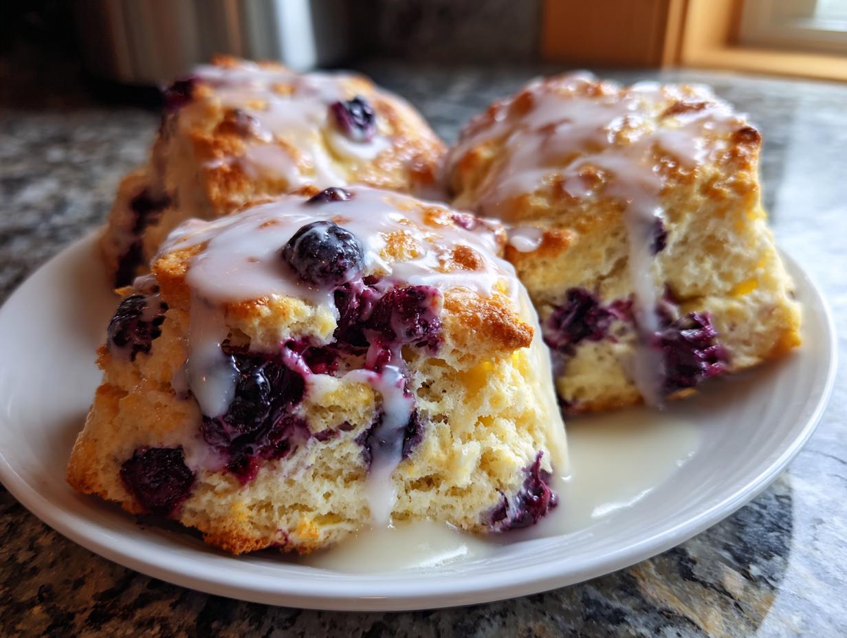 Three fluffy blueberry scones topped with a sweet white glaze, served on a white plate.