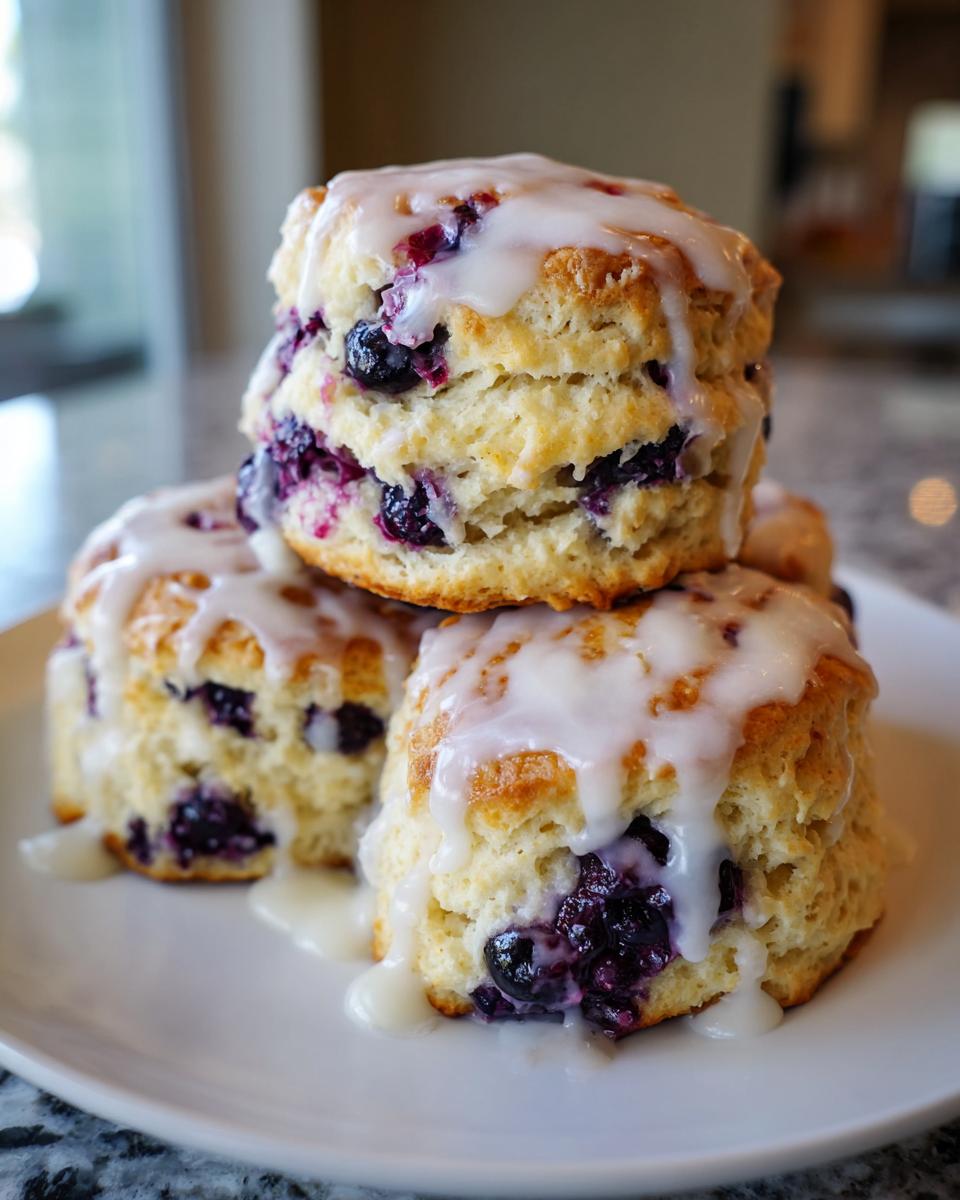 A stack of three fluffy blueberry scones drizzled generously with white vanilla glaze.