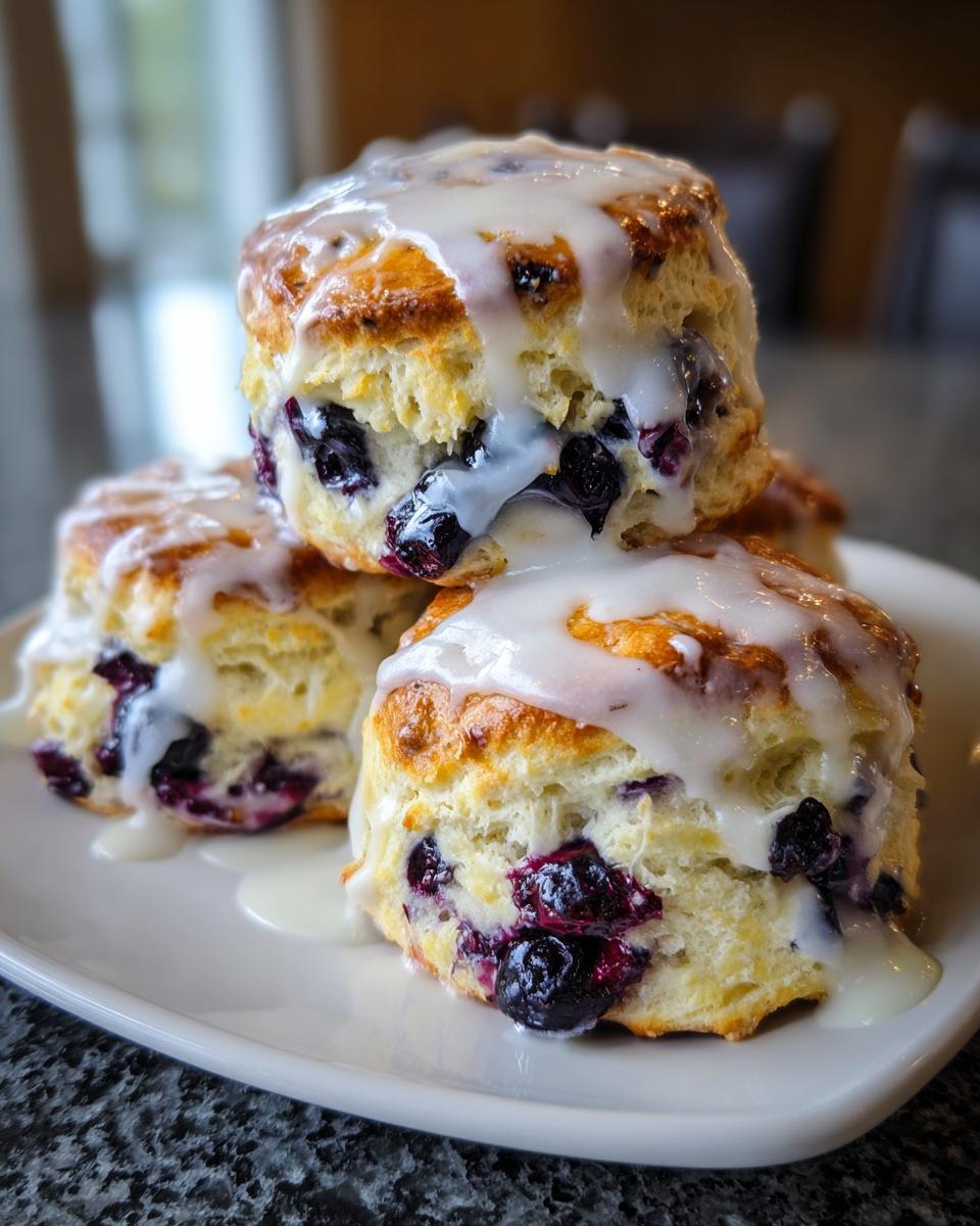 Close-up of three fluffy blueberry scones stacked and drizzled generously with white vanilla glaze.