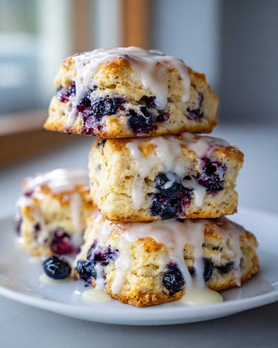 A stack of three homemade blueberry scones topped with thick white glaze, packed with fresh blueberries.
