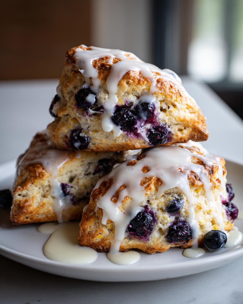 Three freshly baked blueberry scones stacked on a plate, generously drizzled with white vanilla glaze.