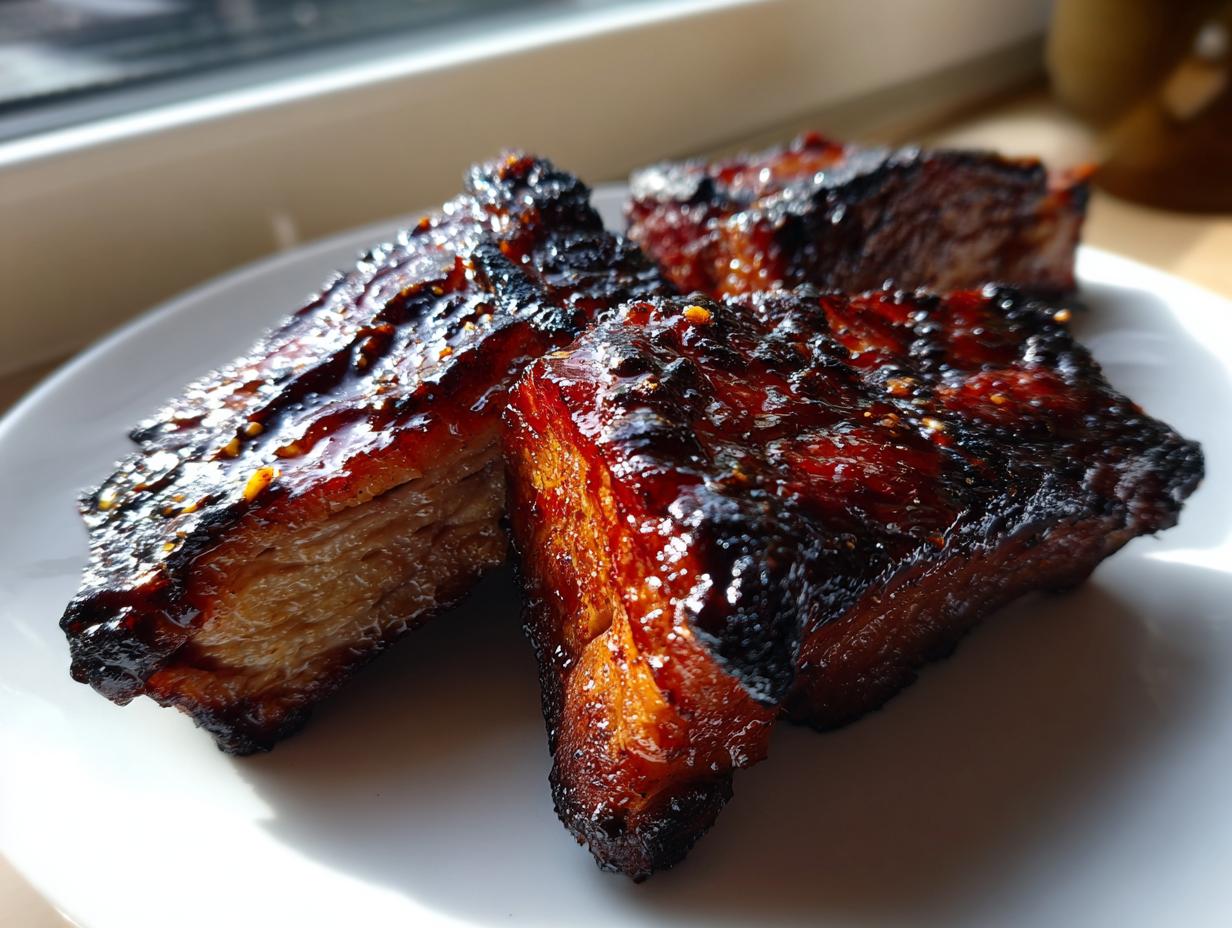 Close-up of three glazed, caramelized pieces of pork steak recipe served on a white plate.