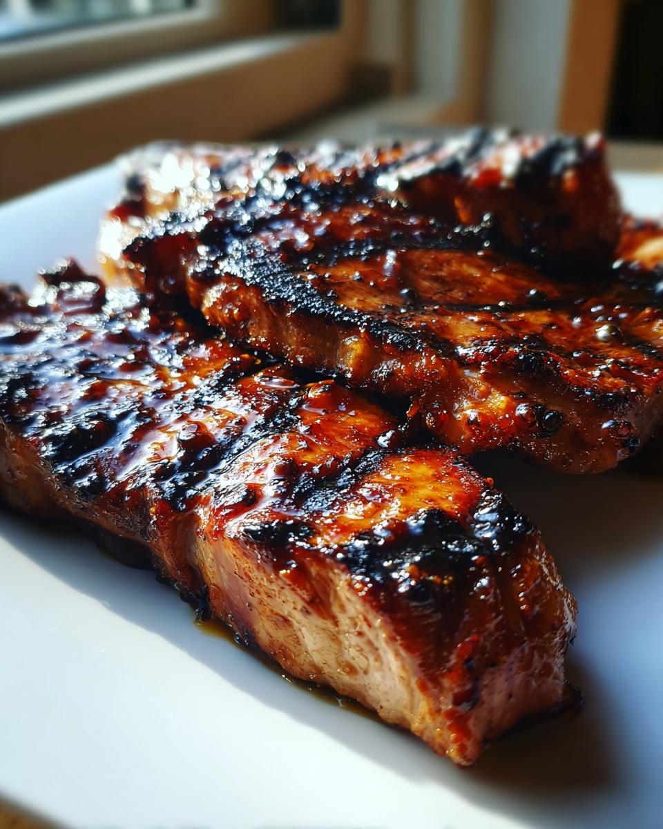 Close-up of two beautifully glazed and charred pork steak recipe cuts resting on a white plate.