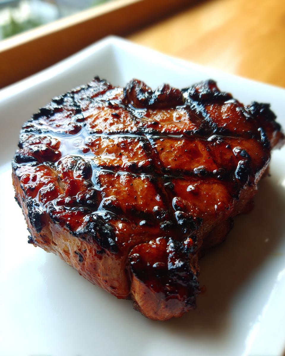 Close-up of a perfectly grilled and glazed pork steak recipe, showing a rich, caramelized exterior.