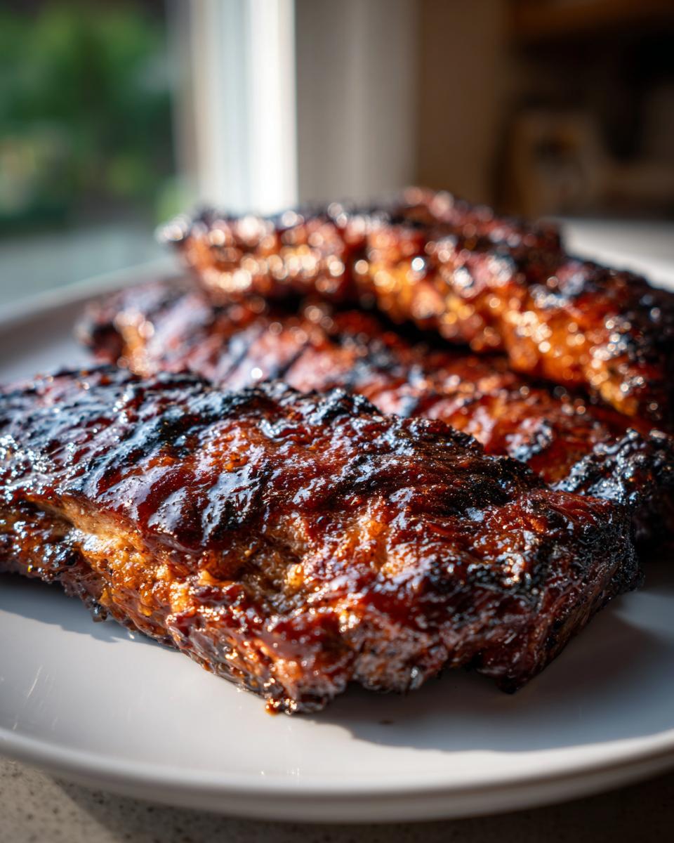 Close-up of perfectly glazed and charred pork steak recipe pieces stacked on a white plate.