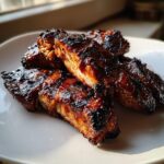 Four pieces of perfectly cooked, glazed pork steak recipe cuts piled on a white plate.