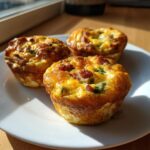 Three golden-brown, freshly baked Egg Muffin Cups with visible bacon and chives served on a white plate.