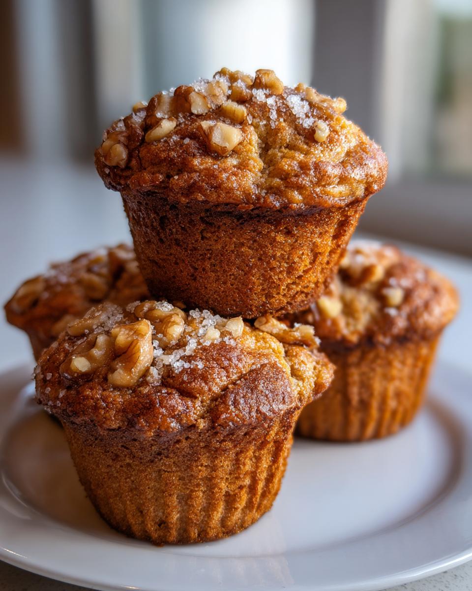 A stack of three golden brown banana nut muffins topped with walnuts and coarse sugar.