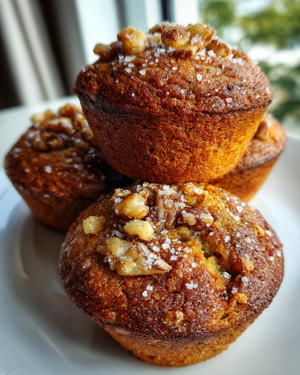 Close-up of freshly baked banana nut muffins topped with chopped walnuts and coarse salt crystals.