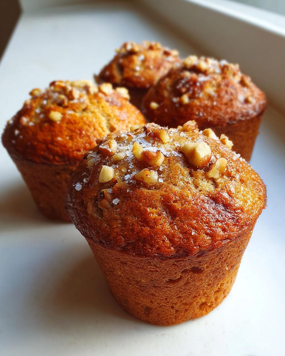 Four golden brown banana nut muffins topped with chopped walnuts and coarse sugar crystals.