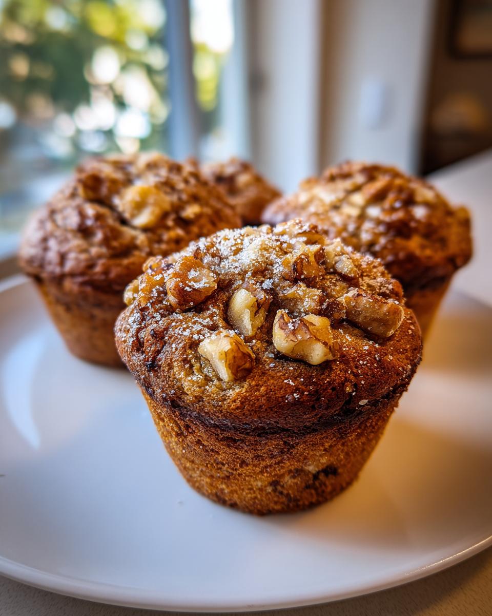 Close-up of three freshly baked banana nut muffins topped with walnuts and powdered sugar on a white plate.