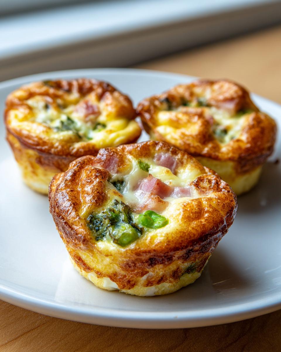 Three perfectly baked Egg Muffin Cups featuring visible ham, broccoli, and melted cheese topping on a white plate.