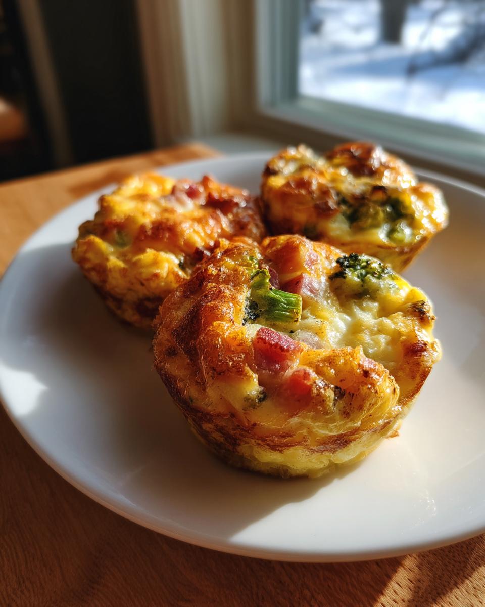 Three freshly baked Egg Muffin Cups with visible ham and broccoli pieces on a white plate.