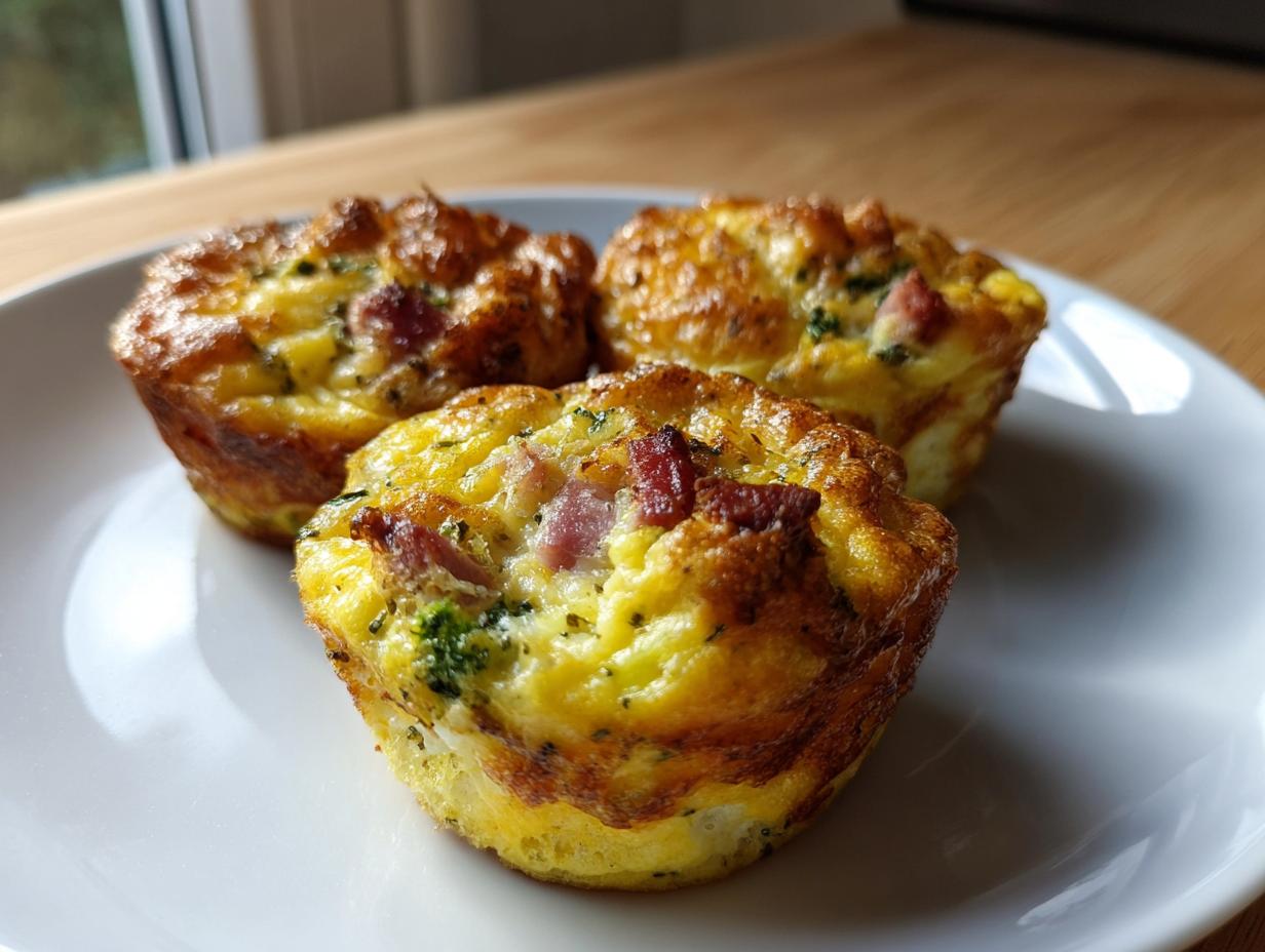 Three perfectly baked Egg Muffin Cups featuring visible chunks of ham and green broccoli florets on a white plate.