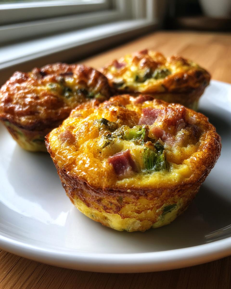 Close-up of three golden-brown Egg Muffin Cups filled with visible pieces of ham and green vegetables on a white plate.