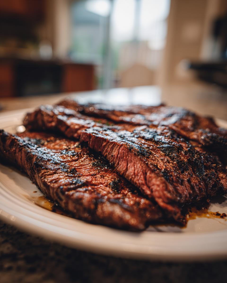 Close-up of sliced, perfectly grilled carne asada steak showing a medium-rare center, ready to eat after using the carne asada marinade.