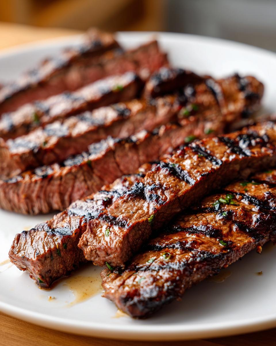 Close-up of perfectly grilled and sliced steak, showing char marks, resulting from the carne asada marinade.