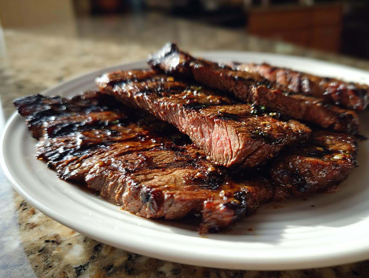 Close-up of sliced, grilled steak showing medium-rare interior, seasoned from the carne asada marinade.