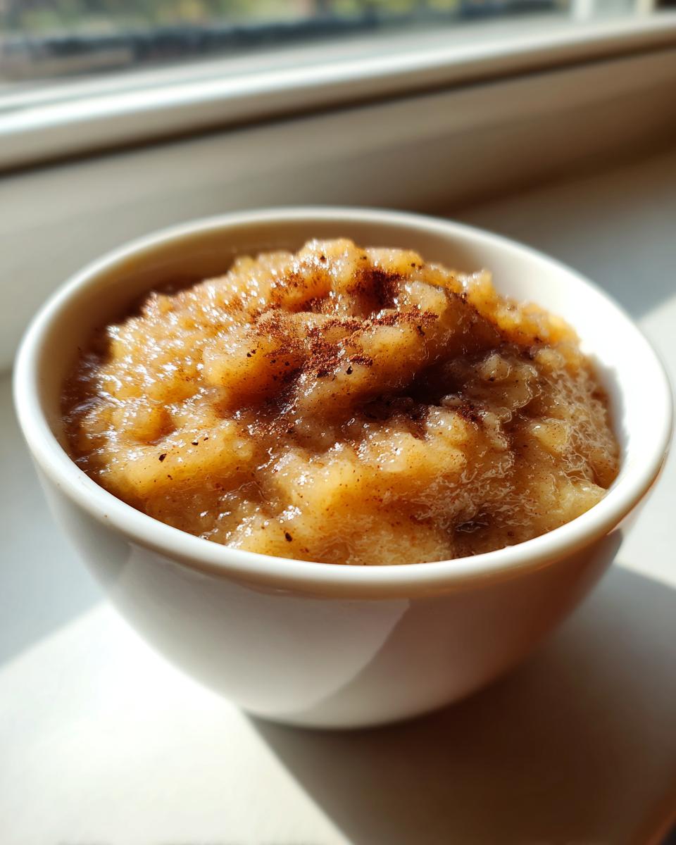 Close-up of homemade applesauce topped with cinnamon, served in a small white bowl near a window.