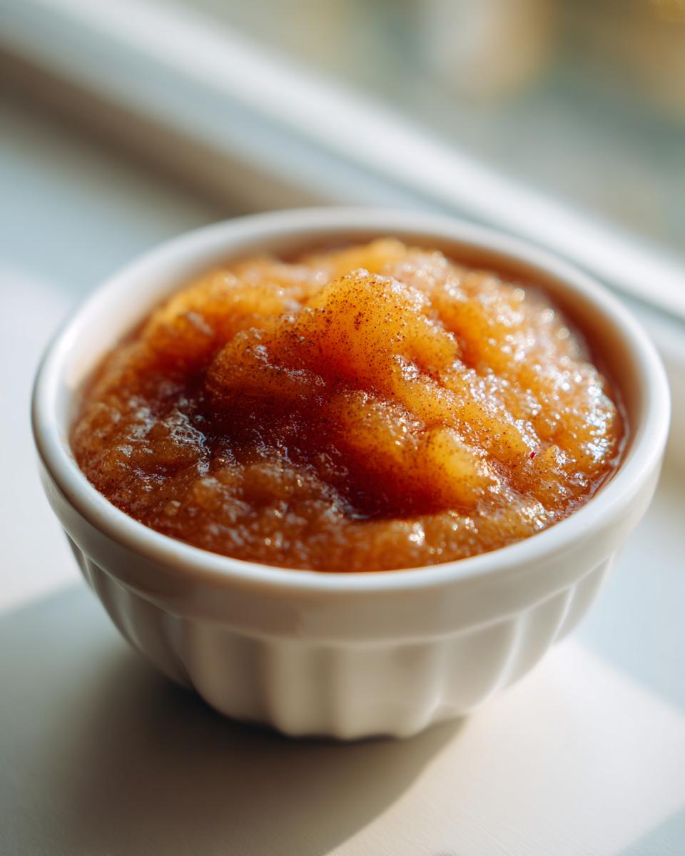 Close-up of chunky, spiced applesauce sprinkled with cinnamon in a small white bowl.