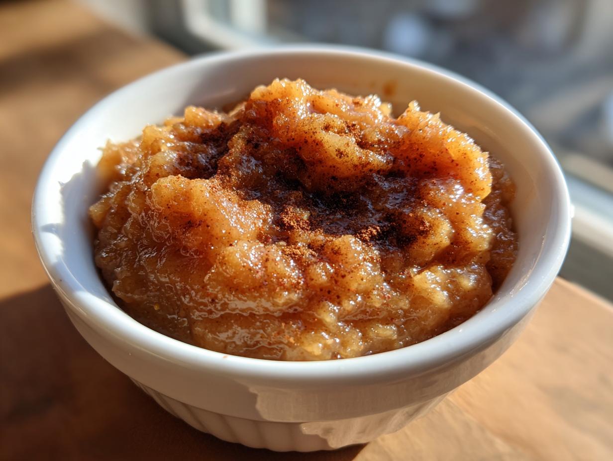 Close-up of chunky, homemade applesauce topped with cinnamon in a small white bowl.