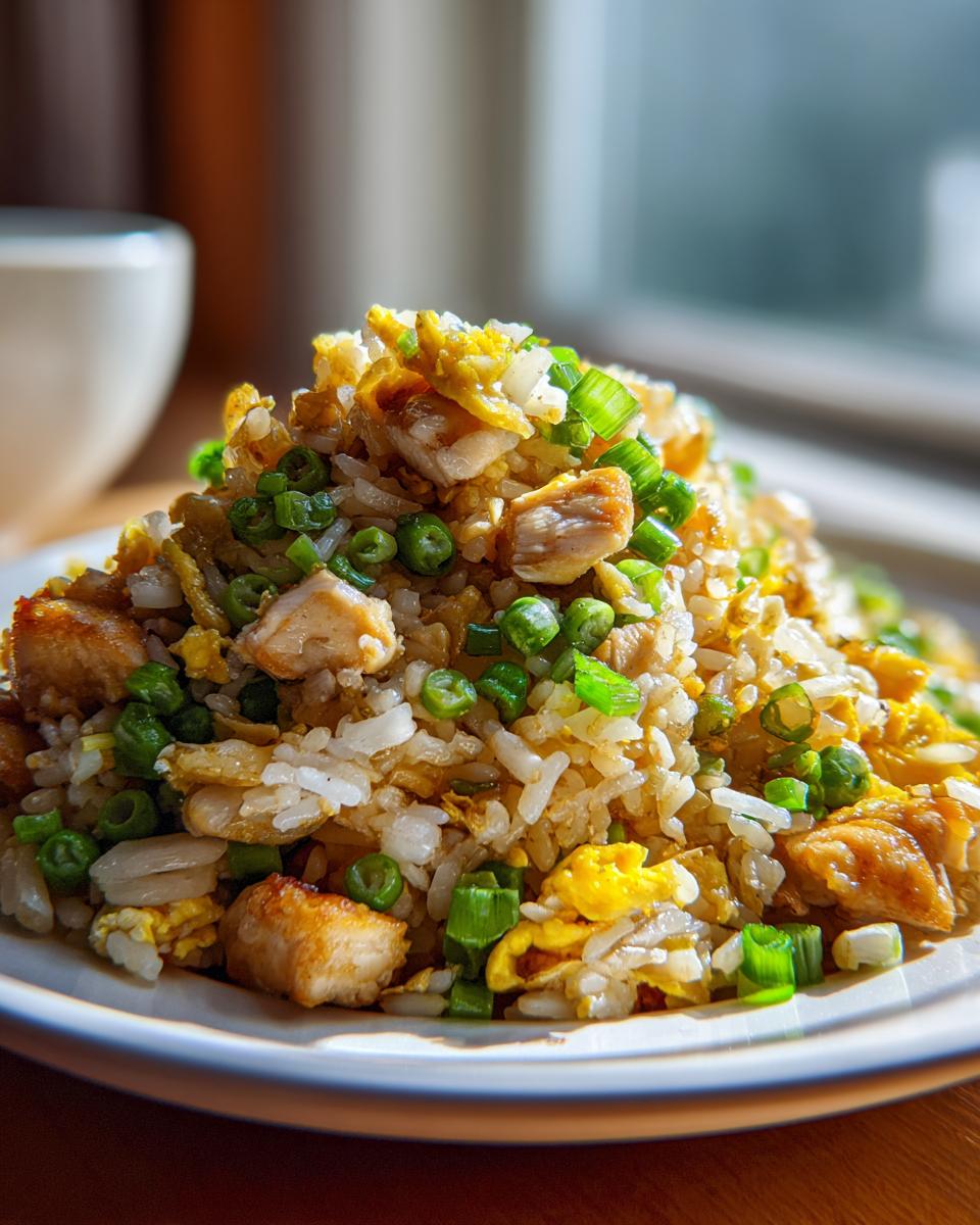 A close-up of a generous serving of homemade chicken fried rice, featuring visible pieces of chicken, scrambled egg, peas, and green onions.