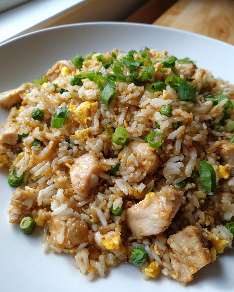 Close-up of homemade chicken fried rice featuring chunks of chicken, scrambled egg, peas, and fresh green onions.