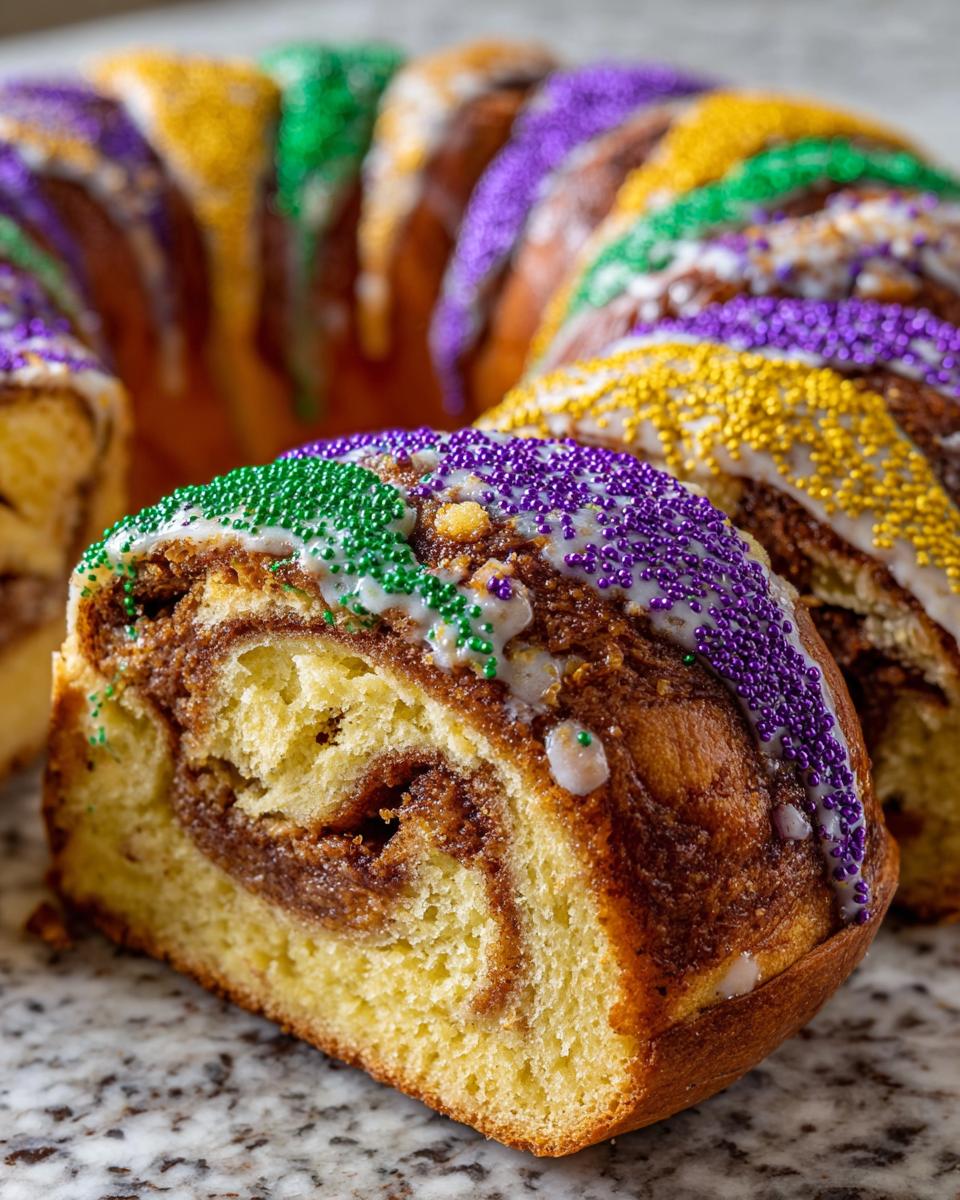 Close-up of a slice of King Cake showing the cinnamon swirl interior, topped with white icing and purple, green, and gold sprinkles.