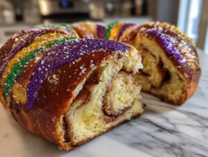 A cross-section view of a rich, brioche-style King Cake showing a cinnamon swirl filling, topped with purple, green, and gold sprinkles.
