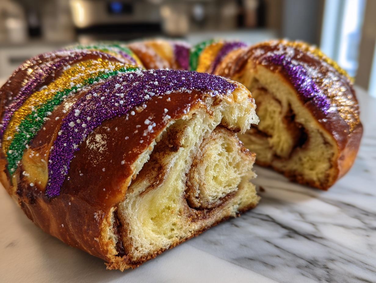 A cross-section view of a rich, brioche-style King Cake showing a cinnamon swirl filling, topped with purple, green, and gold sprinkles.