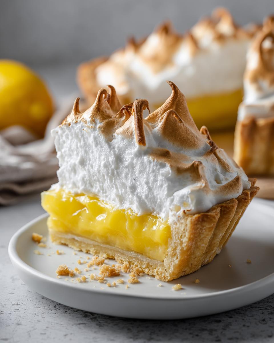 A close-up of a slice of lemon meringue pie showing bright yellow filling and tall, torched meringue peaks.