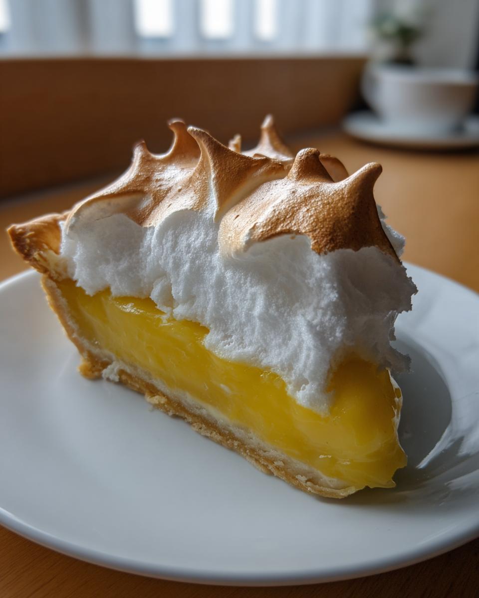 Close-up of a tall slice of lemon meringue pie showing bright yellow filling and perfectly toasted meringue peaks.