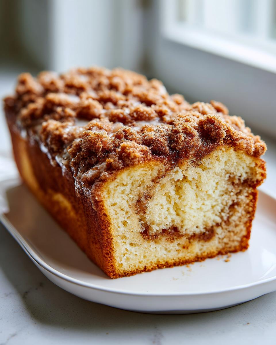 A freshly baked loaf of coffee cake featuring a thick, crumbly streusel topping and a visible cinnamon swirl inside.