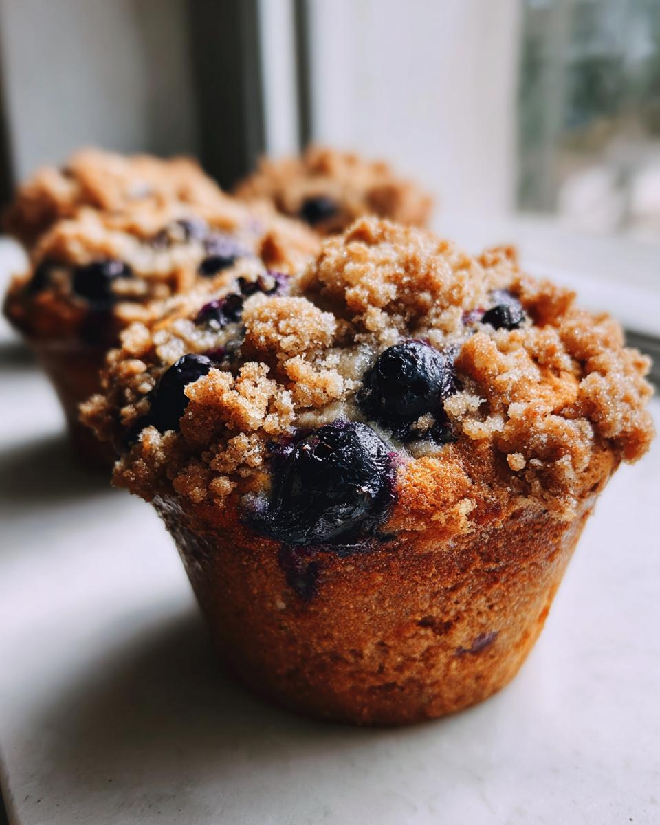 Close-up of a perfectly baked blueberry muffin featuring a generous brown sugar crumb topping and bursting blueberries.