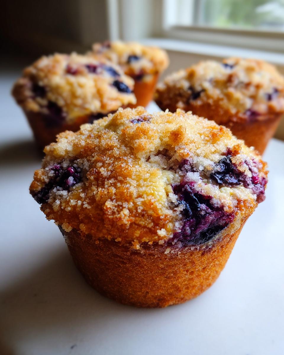 Close-up of a golden brown blueberry muffin topped with a sugary crumb topping, with more blueberry muffins blurred in the background.