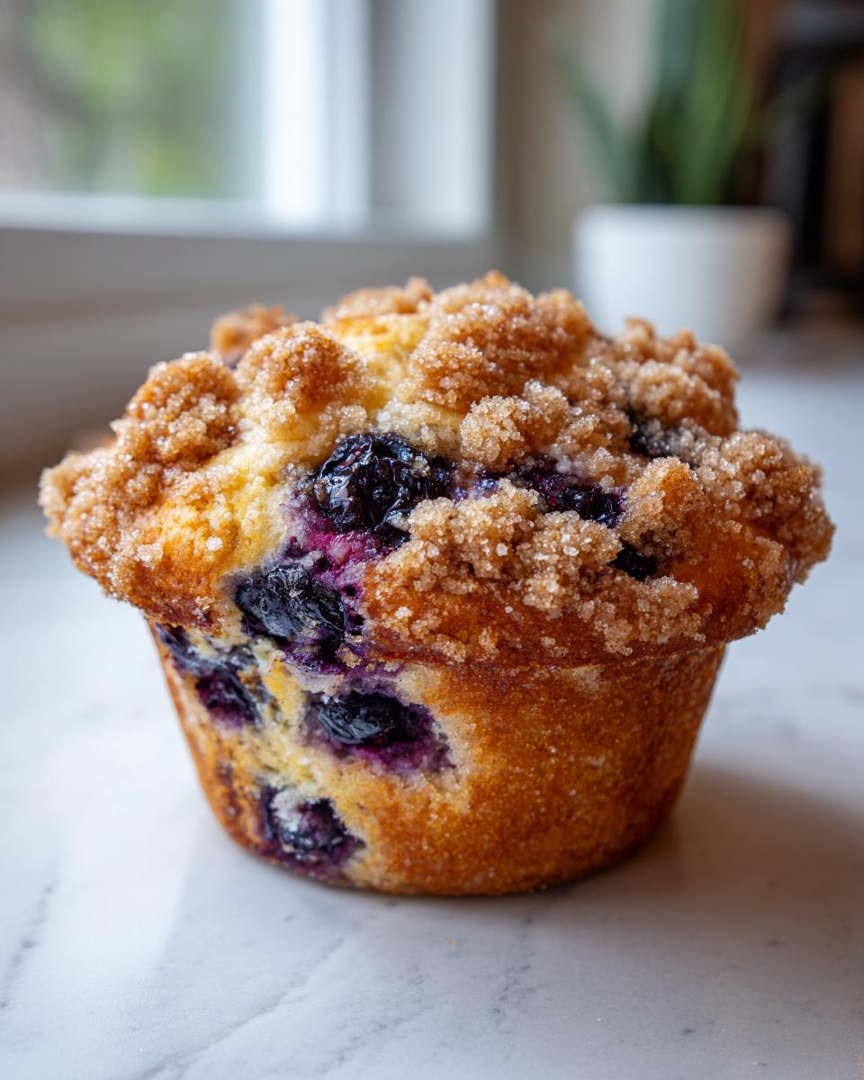 A close-up of a perfectly baked blueberry muffin topped with brown sugar streusel, highlighting its moist texture.