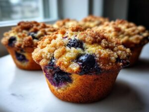 Close-up of a moist blueberry muffin featuring a golden crumb topping and bursting blueberries.