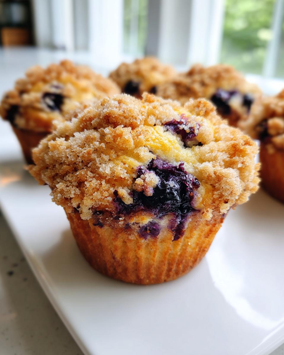 Close-up of a moist blueberry muffin topped with a generous brown sugar crumb topping, sitting on a white plate.