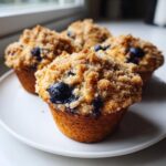 Close-up of a moist blueberry muffin topped with a thick, sugary streusel crumb topping, sitting on a white plate.