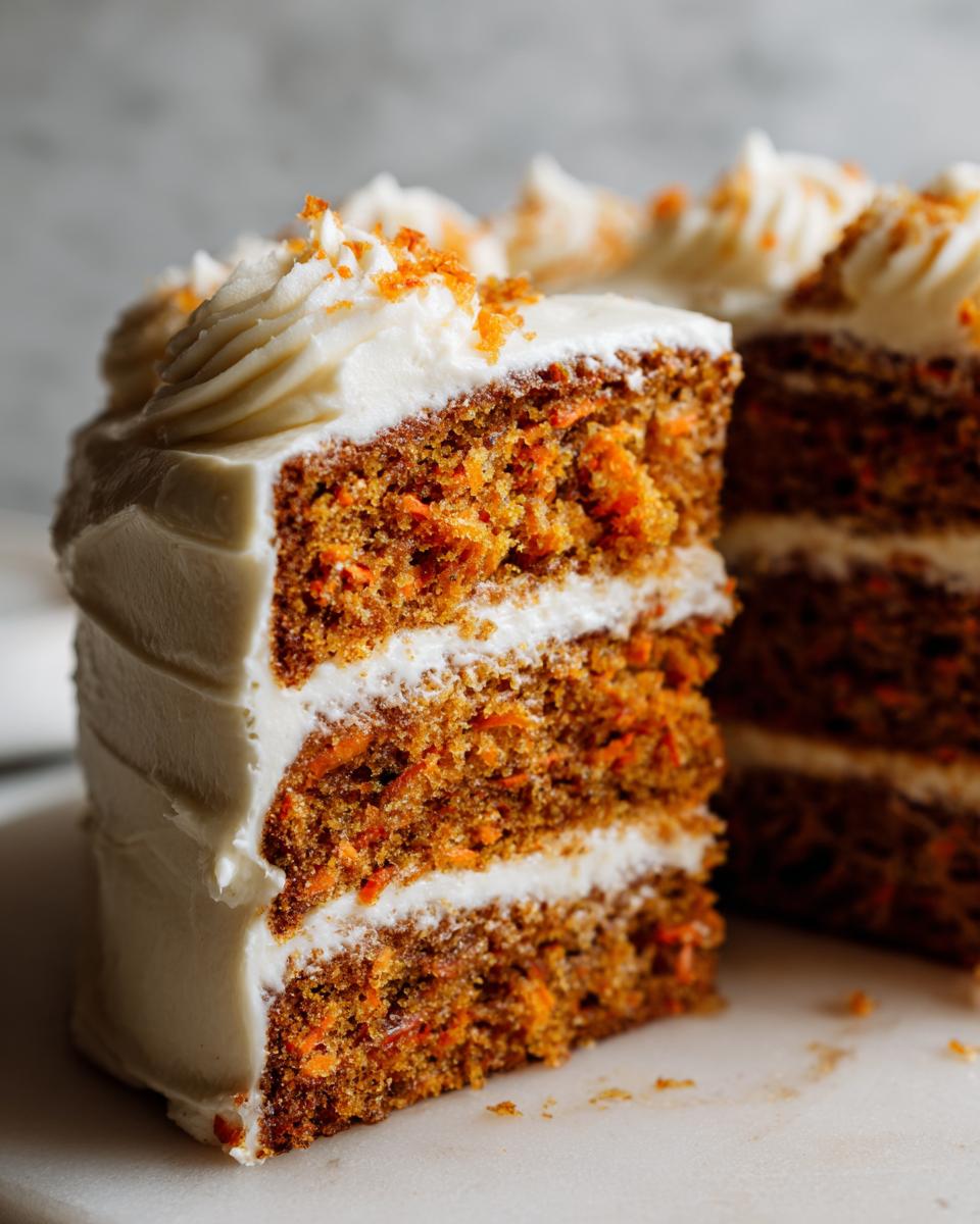 Close-up of a thick slice of three-layer carrot cake recipe covered in white cream cheese frosting.