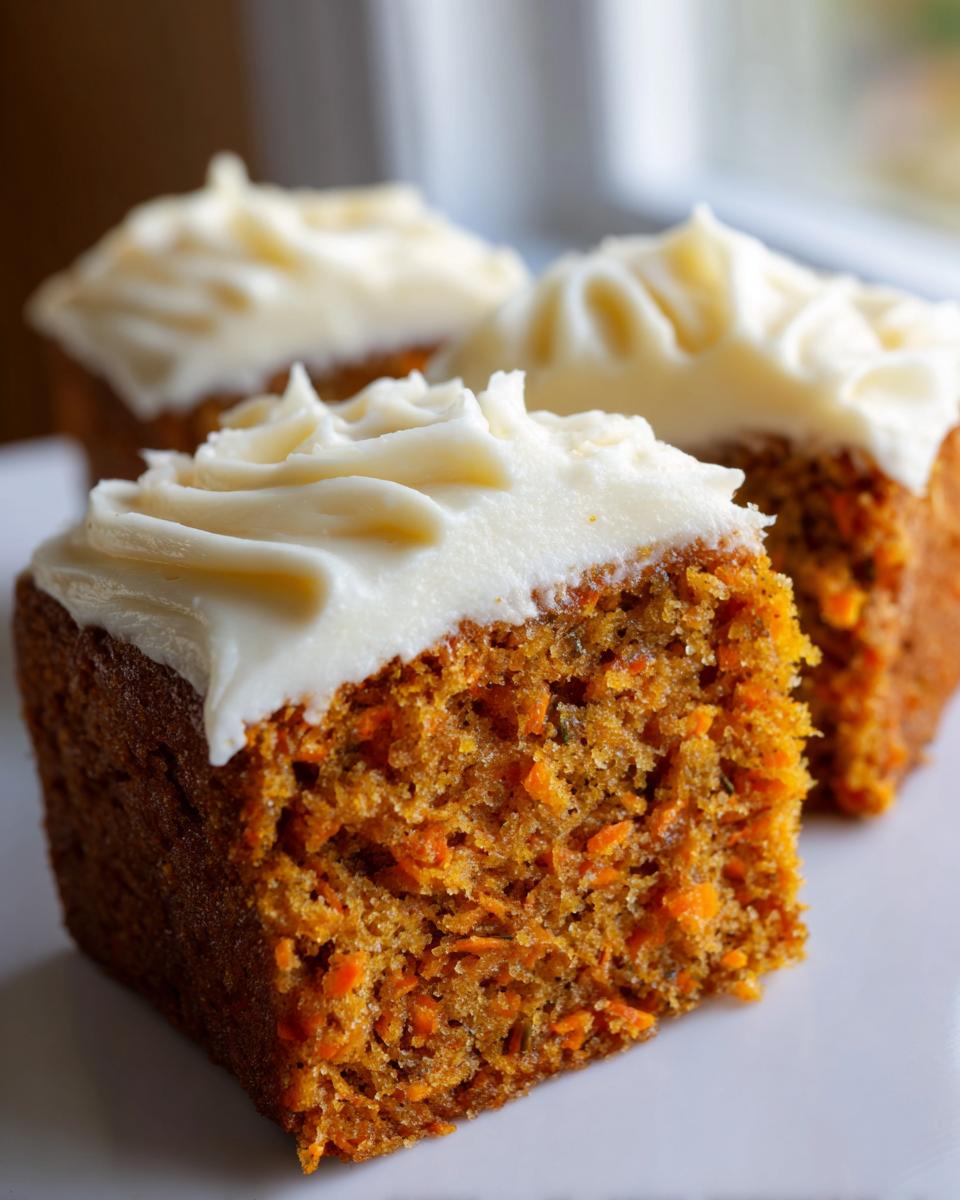 Close-up of three moist slices of carrot cake recipe topped with thick swirls of cream cheese frosting.