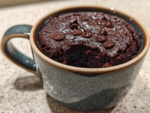 Close-up of a rich, dark chocolate mug cake topped with melted chocolate chips, ready to eat.