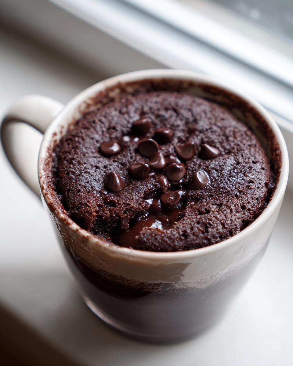 Close-up of a rich, dark chocolate mug cake topped with semi-sweet chocolate chips, ready to eat.