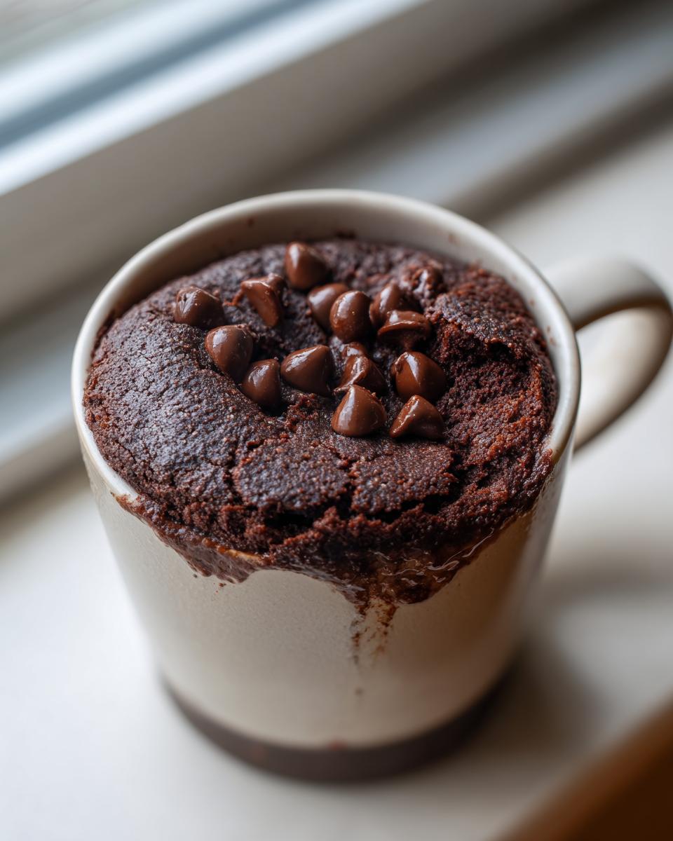 Close-up of a freshly baked chocolate mug cake topped with melted chocolate chips, sitting by a window.